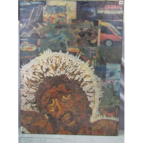 1256 - ABSTRACT - CROWN OF THORNS, WITH BACKGROUND COLLAGE, MIXED MEDIA.  FRAMED 102 x 77 cms