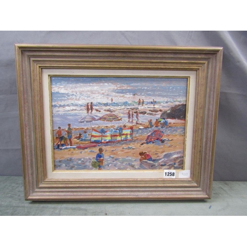 1258 - TED DYER - BRIGHT LIGHT, SUMMER COLOUR, CHURCH COVE, SIGNED DYER.  OIL ON CANVAS, FRAMED 24 x 34 cms