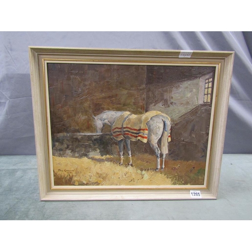 1265 - ERIC GODDARD 1970 - GREY HORSE IN A STABLE , OIL ON BOARD.  SIGNED FRAMED 34 x 44 cms
