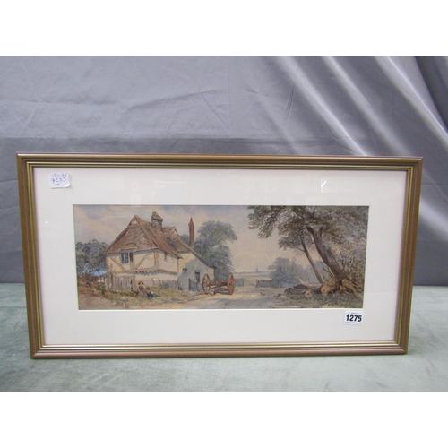 1275 - UNSIGNED 19c COTTAGE AND TIMBER HAULING WAGON, WATERCOLOUR F/G 18 x 45 cms