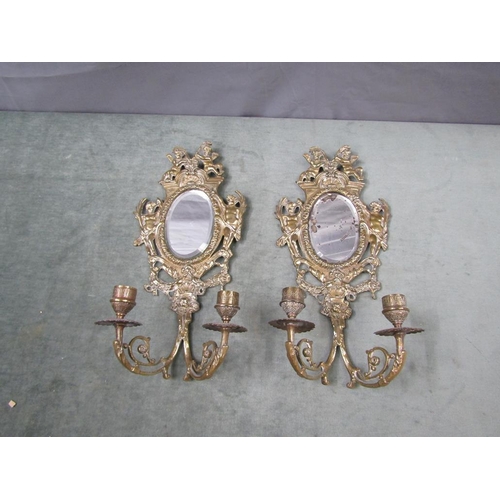 1286 - PAIR OF CAST BRASS TWO BRANCH MIRROR BACK WALL SCONCES - 35cms H
