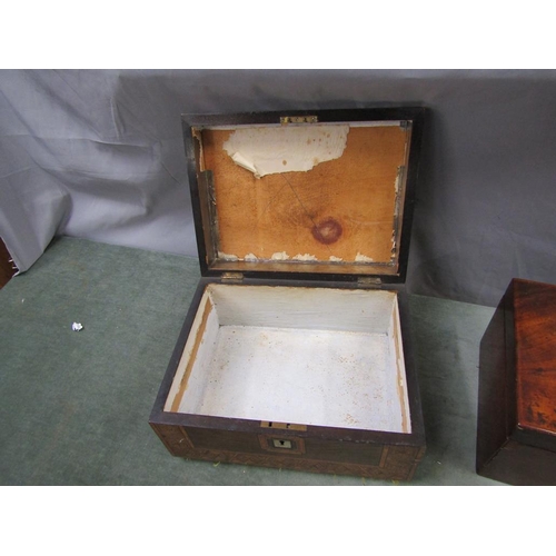 1300 - THREE 19c BOXES, ONE MAHOGANY, ONE TUNBRIDGE BANDED AND A FIGURED MAHOGANY FITTED BOX