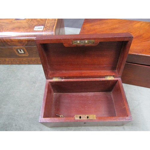 1300 - THREE 19c BOXES, ONE MAHOGANY, ONE TUNBRIDGE BANDED AND A FIGURED MAHOGANY FITTED BOX