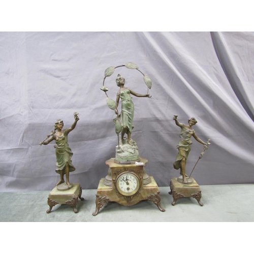 1305 - LATE 19c FRENCH GARNITURE DE CHEMINÉE, WITH CENTRAL CLOCK AND TWO FLANKING FEMALE FIGURES.  CLOCK 31... 