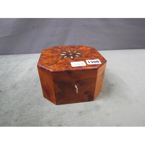 1306 - YEW WOOD OCTAGONAL BOX, THE LID WITH MOTHER OF PEARL AND CUBEWORK DECORATION WITH THE SHELL COLLECTI... 