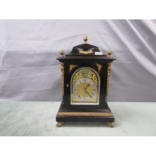 1313 - LATE 19c GERMAN BRACKET CLOCK WITH BARRELLED SPRING TING TANG MOVEMENT, STRIKING ON TWO GONGS IN EBO... 