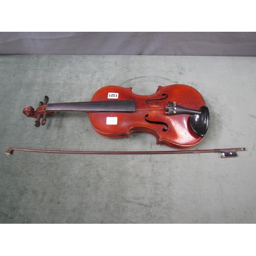 1321 - ANTIQUE ONE PIECE BACK VIOLIN AND BOW