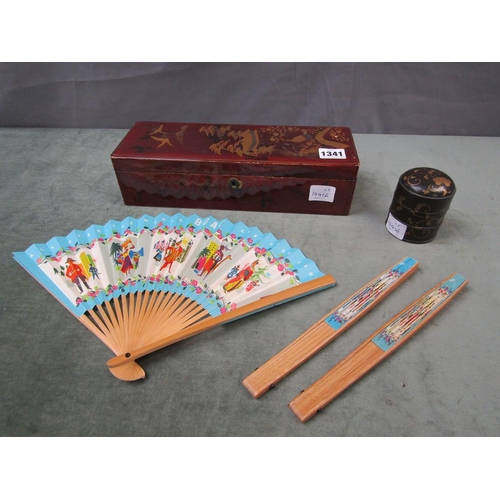 1341 - ORIENTAL RED LACQUERED BOX TOGETHER WITH THREE 1960s BOAC HAND FANS AND A CIRCULAR ORIENTAL BLACK LA... 