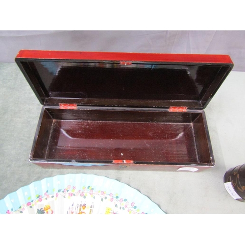 1341 - ORIENTAL RED LACQUERED BOX TOGETHER WITH THREE 1960s BOAC HAND FANS AND A CIRCULAR ORIENTAL BLACK LA... 