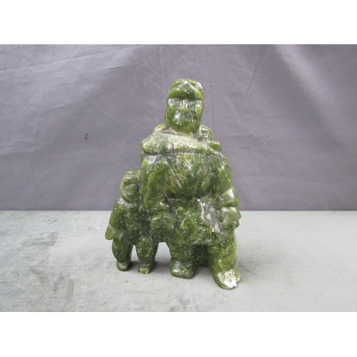 1374 - CANADIAN GREENSTONE ESKIMO CARVING - MOTHER AND CHILD 20cms H