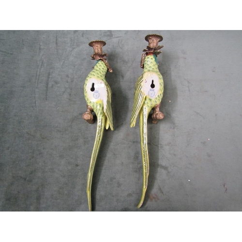 1385 - PAIR OF PORCELAIN AND BRONZED PARROT WALL SCONCES 47cms H