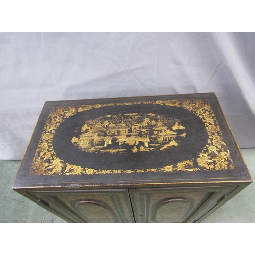 1401 - 19c ORIENTAL BLACK LACQUERED AND GILT CHINOISSERIE DECORATED TABLE TOP CABINET WITH FITTED DRAWERS E... 