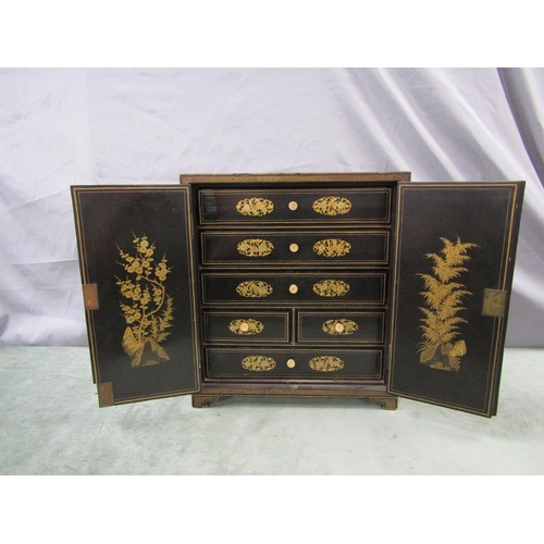 1401 - 19c ORIENTAL BLACK LACQUERED AND GILT CHINOISSERIE DECORATED TABLE TOP CABINET WITH FITTED DRAWERS E... 