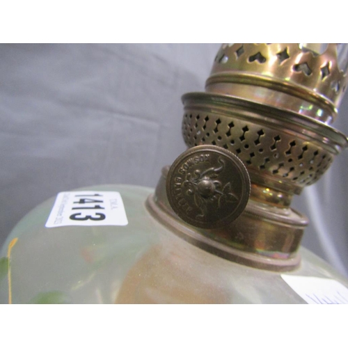 1413 - LATE 19/EARLY 20c OIL LAMP WITH BRASS BALUSTER COLUMN, FLORAL PAINTED FONT 36cms H WITH A FUNNEL