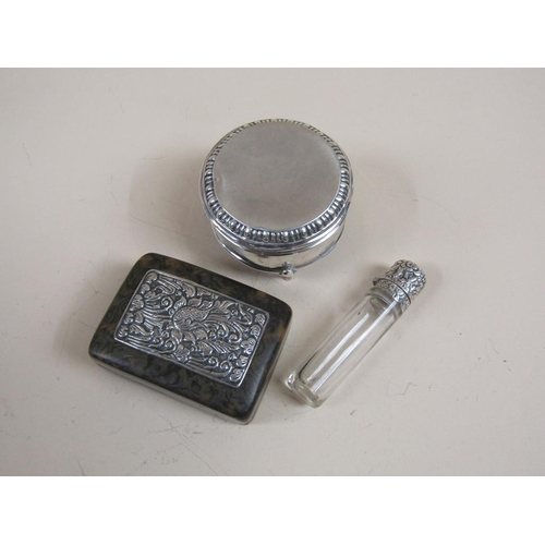 1437 - VICTORIAN SILVER RING BOX, SILVER TOPPED SCENT BOTTLE AND A SILVER AND TORTOISESHELL BOX