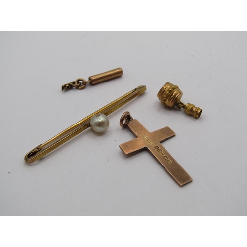 1478 - 9ct CRUCIFIX PENDANT PLUS BROOCH ETC, 4g TOTAL WEIGHT