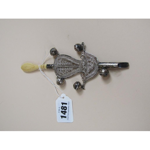 1481 - CONTINENTAL SILVER FILIGREE WHISTLE BABY RATTLE