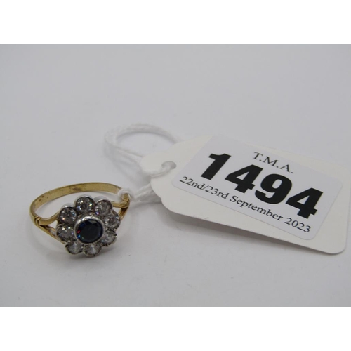 1494 - GOLD ON SILVER SAPPHIRE CLUSTER RING - SIZE O