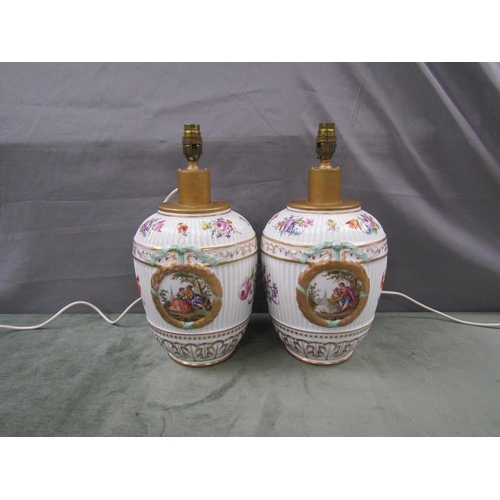 1671 - PAIR OF KPM PORCELAIN JARS, HAND PAINTED AND CONVERTED TO LAMPS, TOTAL 40cms H