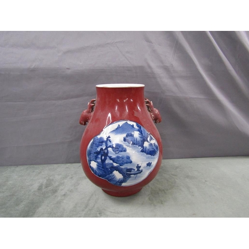 1675 - CHINESE SANG DE BOUEF VASE WITH BLUE AND WHITE PANELS - 34cms H