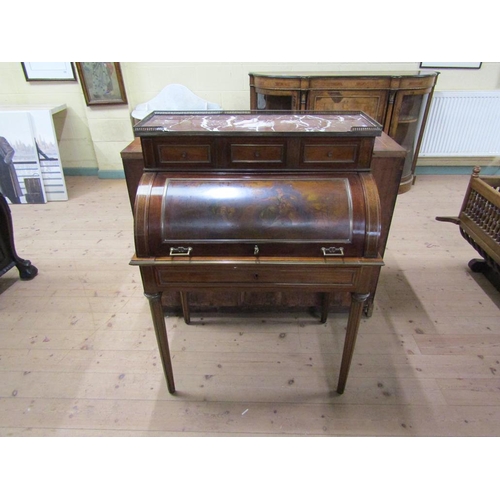 1750 - 19c MAHOGANY MARBLE TOPPED SECRETAIRE, ROLL TOP VERNIS MARTIN DECORATED PANEL, 80 x 107cms