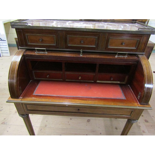 1750 - 19c MAHOGANY MARBLE TOPPED SECRETAIRE, ROLL TOP VERNIS MARTIN DECORATED PANEL, 80 x 107cms