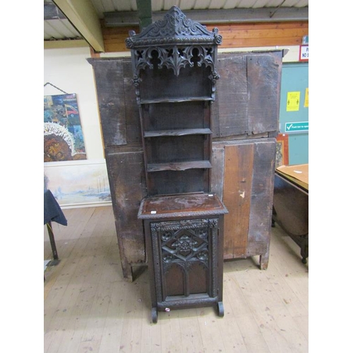 1752 - 19c GOTHIC CARVED PEDESTAL CABINET, UPPER SECTION WITH OPEN SHELVES UNDER CARVED CANOPY 60 x 234cms