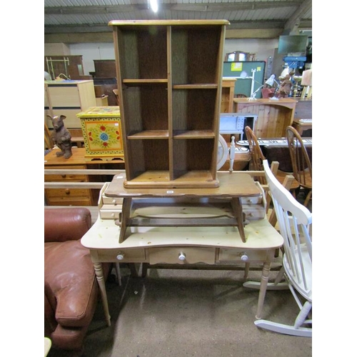 582 - PINE BOOKSHELF, DRESSING TABLE AND A SMALL BENCH