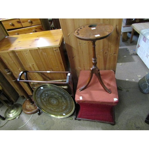 659 - TRIPOD TABLE, BRASS TOP TABLE, TOWEL RAIL ETC