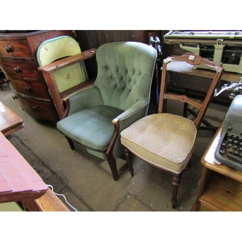 764 - BUTTON BACKED CHAIR, VICTORIAN CHAIR, FOLDING METAL CHAIR AND A SMALL BOOKCASE.