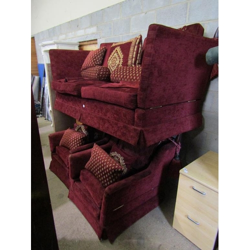 817 - RED UPHOLSTERED THREE PIECE SUITE