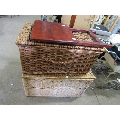 867 - TWO WICKER BASKETS, FOLDING TABLE, CRIB ETC.