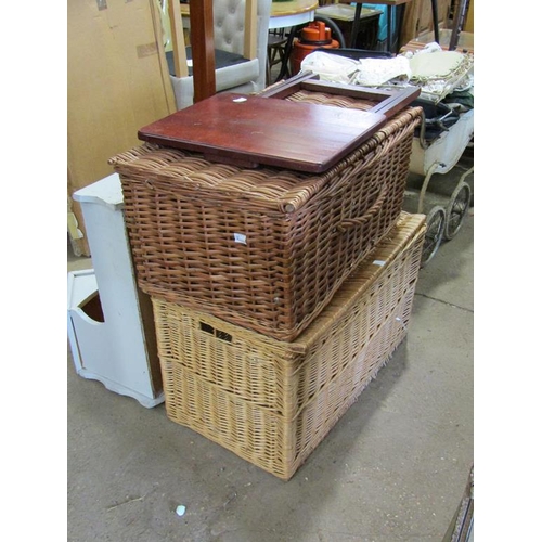 867 - TWO WICKER BASKETS, FOLDING TABLE, CRIB ETC.