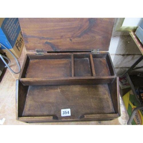 354 - STATIONERY BOX WITH MAP; SMALL OAK SHELF