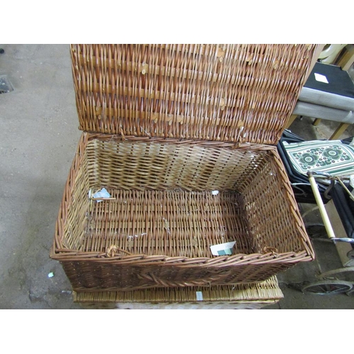 867 - TWO WICKER BASKETS, FOLDING TABLE, CRIB ETC.