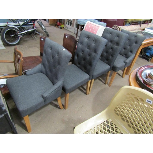 936 - FOUR CONTEMPORARY GREY BUTTONED BACK DINING CHAIRS