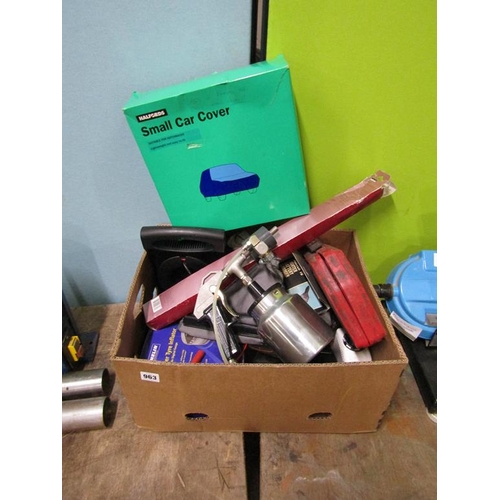 963 - BOX; SPRAY GUN, TYRE INFLATOR, CAR COVER ETC