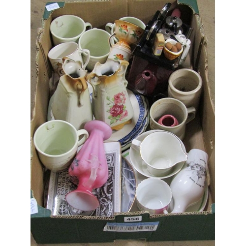 456 - TWO BOXES OF MIXED CERAMICS, MUGS, NOVELTY TEAPOT ETC.