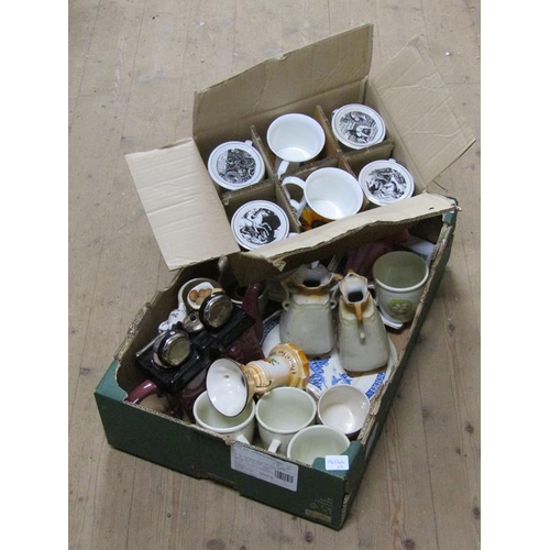 456 - TWO BOXES OF MIXED CERAMICS, MUGS, NOVELTY TEAPOT ETC.