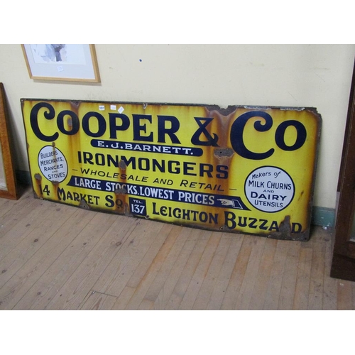 1211 - EARLY 20C ENAMEL TIN ADVERTISING SIGN - COOPER & CO, LEIGHTON BUZZARD, 62CM X 160CM