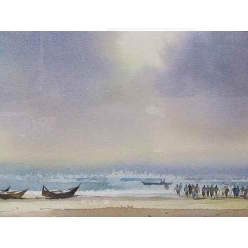 1213 - T WAUGH - ARABIAN COASTAL SCENE, SIGNED WATERCOLOUR, F/G, 29CM X 53CM