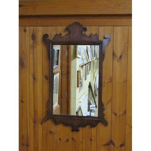 1216 - WALNUT WILLIAM & MARY STYLE FRAT CUT WALL MIRROR, 68CM X 42CM