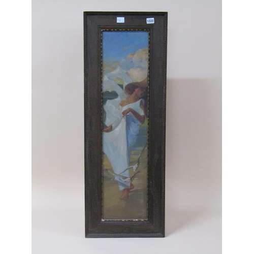 1222 - SIGNED INDISTINCTLY - ART NOUVEAU PERIOD OIL ON PANEL, LADY DANCING, FRAMED, 83CM X 20CM