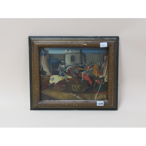 1226 - SIGNED IN MONO - KNIGHTS JOUSTING, OIL ON PANEL, FRAMED, 25CM X 32CM