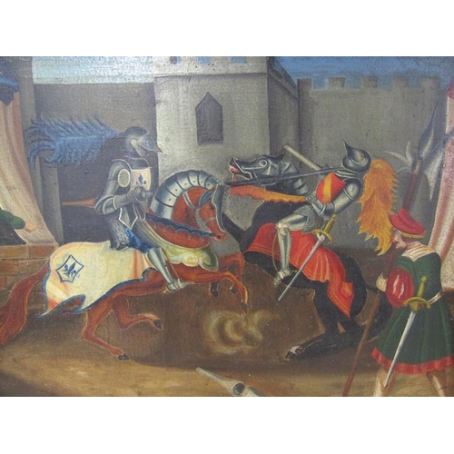 1226 - SIGNED IN MONO - KNIGHTS JOUSTING, OIL ON PANEL, FRAMED, 25CM X 32CM