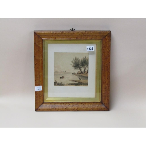 1233 - UNSIGNED 19C - QUIET RIVER SETTING WITH FISHERMAN AND FIGURES IN BOATS, MAPLE F/G, 15CM X 15CM