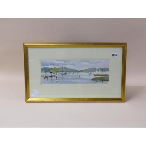 1236 - PETER LUSCOMBE - THREATENING SKY BUCKLERS HARD, SIGNED WATERCOLOUR, F/G, 14CMX 38CM