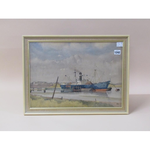 1242 - HUGH LYNCH (MEMBER OF THE WAPPING GROUP OF ARTISTS) - THE THAMES DOWNSTREAM 1968, WATERCOLOUR, F/G, ... 