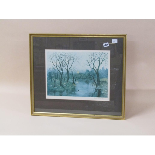 1259 - HELEN BRADLEY - RIVERSCAPE IN BLUE, COLOURED PRINT, SIGNED IN PENCIL, F/G, 30CM X 39CM