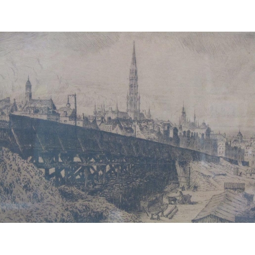 1260 - DUTCH ARTIST, SIGNED INNDISTINCTLY - B&W ENGRAVING BRIDGE CONSTRUCTION CLOSE TO CITY CENTRE, SIGNED ... 